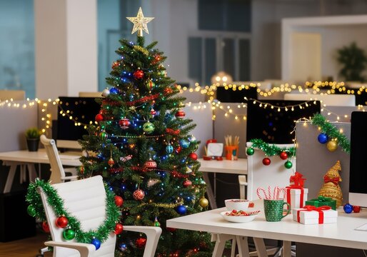 Vibrant office workspace featuring festive holiday decorations with sparkling lights and colorful ornaments for a cheerful seasonal event, decorative, plants, lights