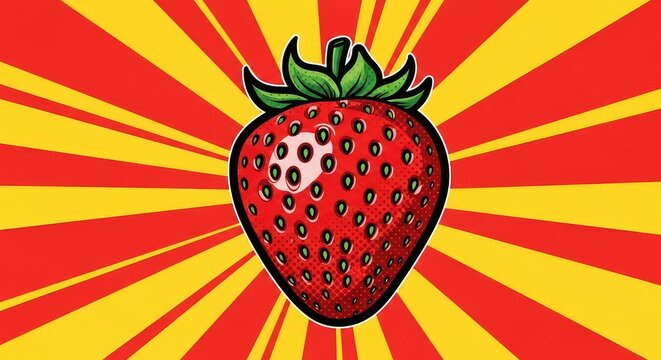 Vibrant pop art strawberry with thick black outlines and halftone dots set against a retro yellow and red starburst comic book background, dynamic, outlines, pattern
