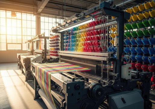 Warm sunlight illuminates metallic looms and vibrant thread spools inside a large manufacturing facility during the active production cycle, illumination, workshop, steel