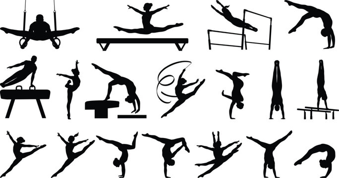 Collection of male and female gymnast silhouettes performing artistic and rhythmic gymnastics isolated on white