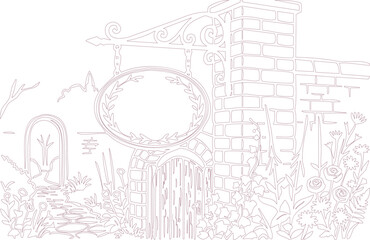Obraz premium A drawing of a garden gate with a sign in pink lines on white background