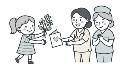 Obraz premium Modern of Smiling Nurse and Doctor Giving Heartfelt Gift to Happy Young Patient with Flowers with high quality professional line art symbols for modern creative design and digital branding projects
