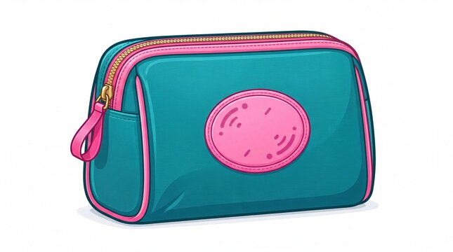 Teal cosmetic bag with pink accents and zipper closure illustrated in cartoon style on transparent background