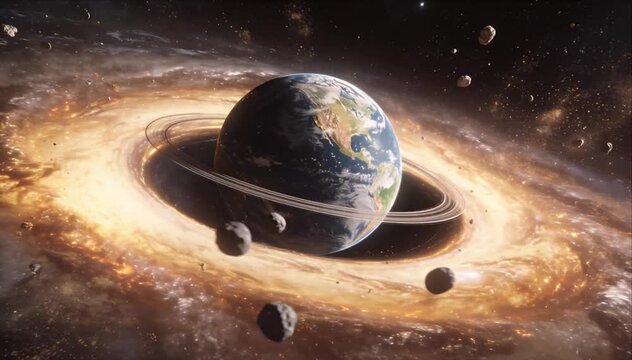 Earth glowing space tunnel with asteroid background and ringed orbit, cinematic cosmic scene with planet and debris, glowing planet cosmic tunnel background with bright spiral ring and floating