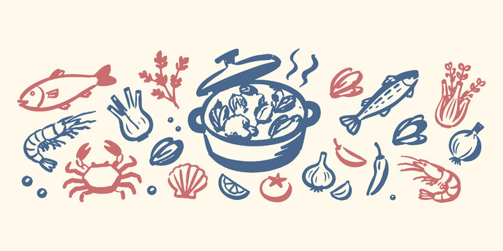 Seafood stew doodle ingredients set vector