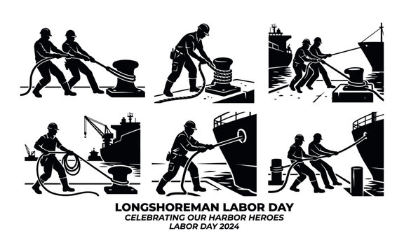 Longshoremen working with ropes and ships labor day celebration illustration silhouette