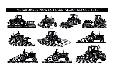 Obraz premium Tractor plowing fields with driver vector silhouette set for labor day silhouette