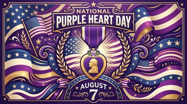 Honoring Purple Heart Day with patriotic American flags and a medal of valor