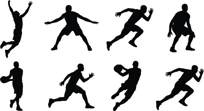 Handball Player Silhouette Collection with Running Passing Jumping and Defensive Action Vector Set