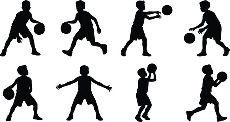 Kids Basketball Player Silhouette Collection Featuring Dribbling Passing Catching and Shooting Action Poses © boishakhisarker