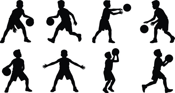 Kids Basketball Player Silhouette Collection Featuring Dribbling Passing Catching and Shooting Action Poses