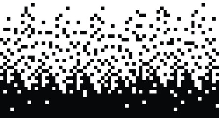 Black and White Pixel Gradient Transition Pattern Background, Retro 8-Bit Video Game Interfaces, Cyberpunk Glitch Graphics, Tech Texture Mockup, Digital Art Backdrop, and Mosaic Dispersal Vector © MindVision