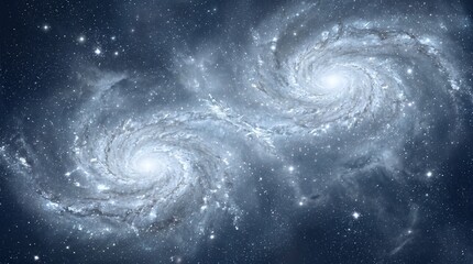 Fototapeta premium Astronomical display of twin galaxies merging at edges with dynamic star bridges and bright glowing cores in space