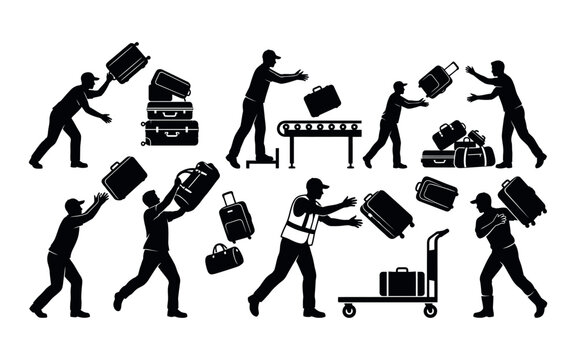 Labor day silhouettes of workers carrying luggage and baggage handling equipment silhouette