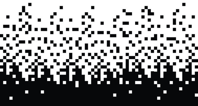 Black and White Pixel Gradient Transition Pattern Background, Retro 8-Bit Video Game Interfaces, Cyberpunk Glitch Graphics, Tech Texture Mockup, Digital Art Backdrop, and Mosaic Dispersal Vector
