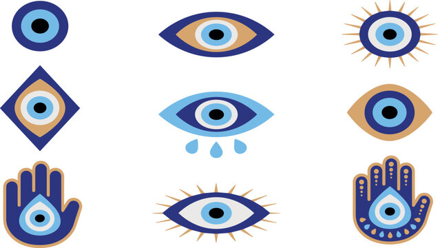  Evil eye and hamsa hand vector set with flat mystical protection amulets and nazar charms
