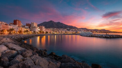 Fototapeta premium Coastal cityscape at sunset with calm water reflecting vibrant colors