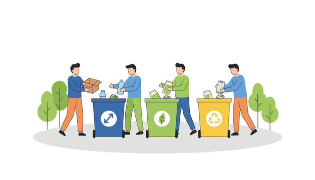 Four people sorting recyclable items into blue green and yellow waste bins in an outdoor park setting.