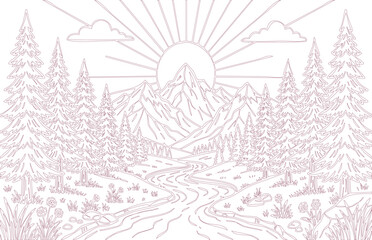 Obraz premium Mountain landscape with a winding road and trees at sunrise