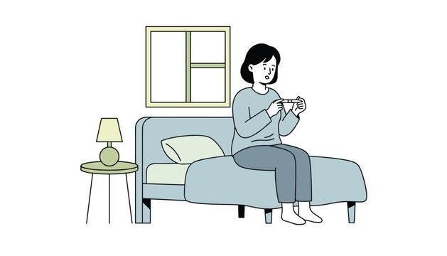 Worried woman sitting on a bed holding a pregnancy test kit in a dimly lit bedroom.