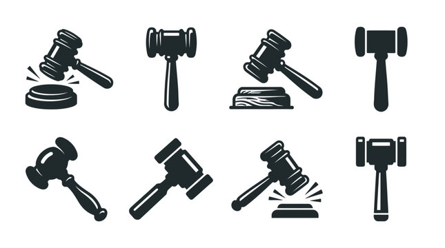 Judge gavel icon set, 8 black law hammer vector illustrations, justice and legal system symbols, auctioneer mallet collection for court and bidding