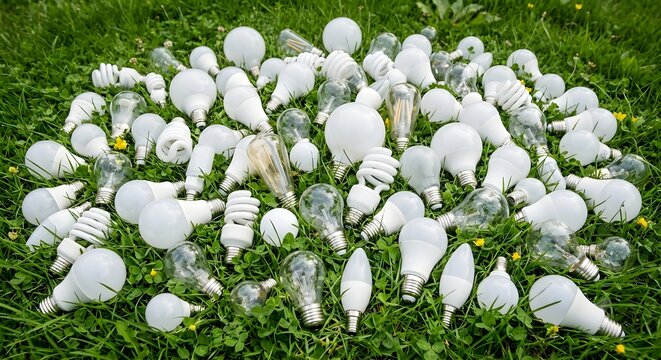 Pile of Various LED and Energy Saving Light Bulbs Lying on Green Grass
