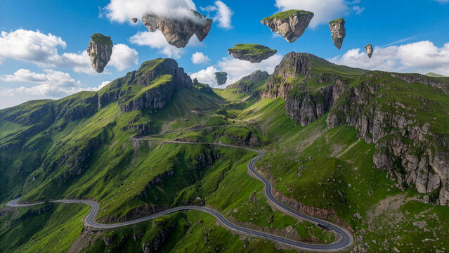 Fantasy Mountain Race Course With Floating Islands Aerial View