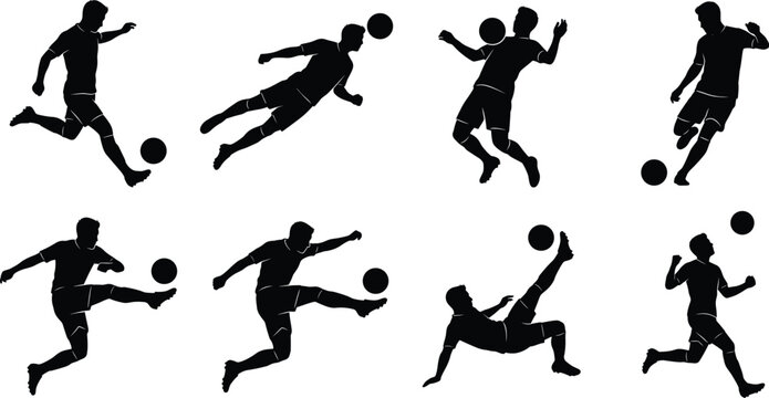 Soccer Player Silhouette Collection with Kicking Diving Juggling and Football Action Vector Set