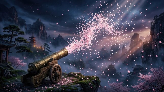 A weathered, antique cannon fires a burst of pink cherry blossoms into a dramatic, mountainous landscape.