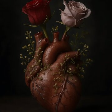 Conceptual surreal art of an anatomical human heart with growing roses and wildflowers