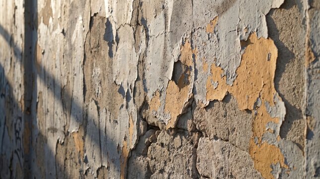 Macro view of a weathered distressed concrete wall peeling paint revealing rough brick layers under bright side lighting