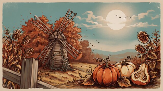 Vintage halloween poster whimsical autumn landscape with windmill pumpkins and sunflowers