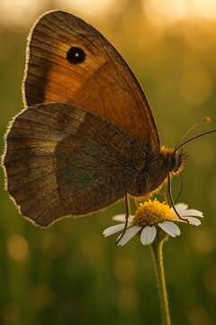 Close up macro shot of a brown butterfly on a white daisy wildflower at sunset