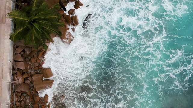 Anse Patates in La Digue, Seychelles. Aerial view of the coastline in slow motion