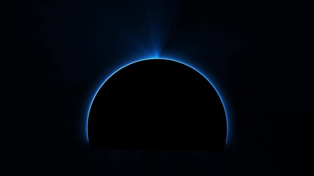 Total solar eclipse with glowing blue light corona ring around the dark moon in the deep black space sky