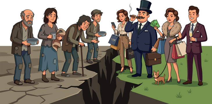 Isometric wealth inequality vector illustration with 3D economy balance scale and gold bars stack graphic