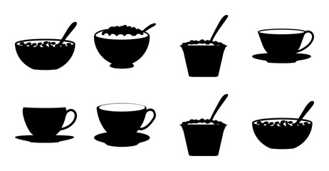 Fototapeta premium Black and white coffee and cereal bowls icons - Minimalist vector icons showing black and white coffee cups, bowls, and spoons with cereal or tea.