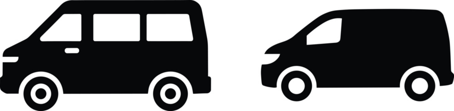 Van vector illustration silhouette icon set with minibus and cargo vehicle, black flat design transportation isolated on white background
