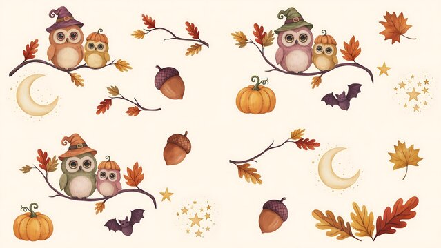 Watercolor halloween poster with owls pumpkins and autumn leaves