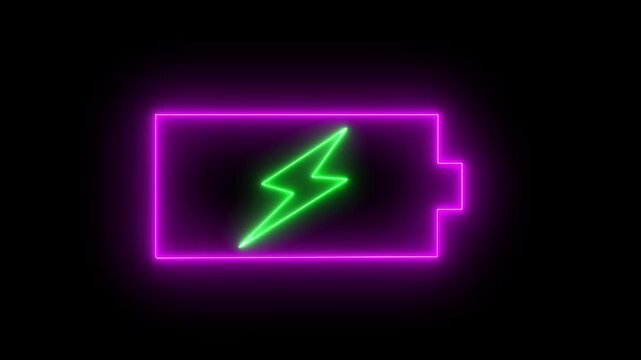 Neon battery charging icon animation on the black background. Glowing battery fast charging.4k concept