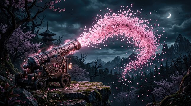 A weathered cannon fires a vibrant pink blossom explosion into a dark, mountainous landscape.