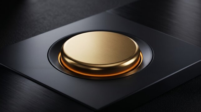 A close-up view of a sleek modern button integrated into a black control panel with a golden circular design.