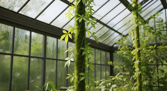 Cissus quadrangularis vines growing on a mossy totem pole inside a lush botanical greenhouse with soft natural daylight streaming through glass panels