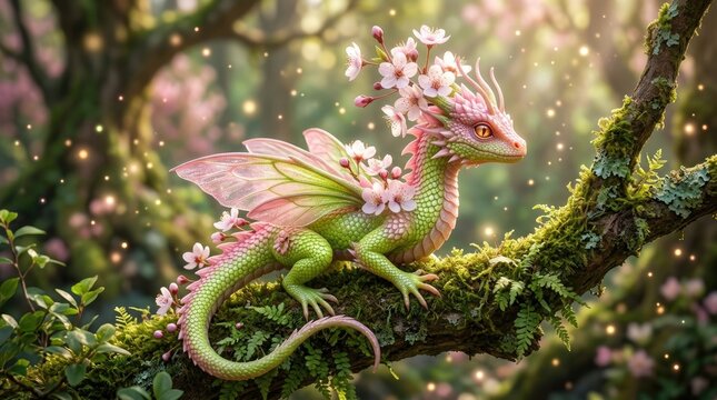 A small, pink and green dragon sits perched on a mossy branch within a blossoming cherry tree forest.