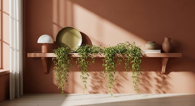 Cissus quadrangularis trailing on a minimalist wooden wall shelf with home decor items like a lamp and ceramic vases in a sunlit modern interior space