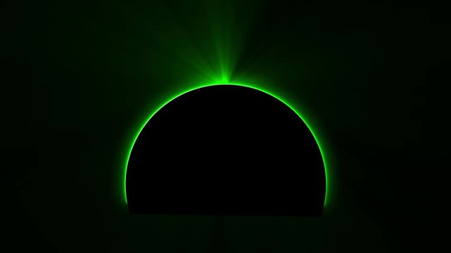 Glowing green neon semi circle shape with light rays on a dark black background