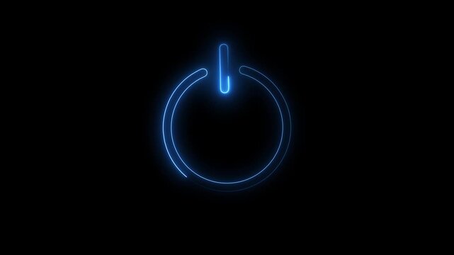 Glowing neon power reset button icon sign animation. Glowing neon line Power on off button icon on black background.