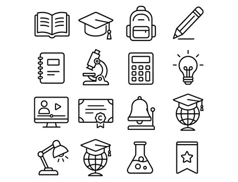 Set of education and school line icons featuring books, graduation caps, and science equipment.