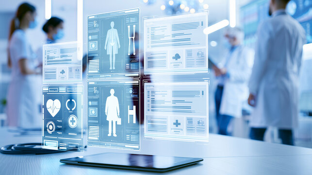 Digital Healthcare Documentation and Data Management System in Modern Medical Environment Advanced digital healthcare documentation concept showing medical professionals managing e