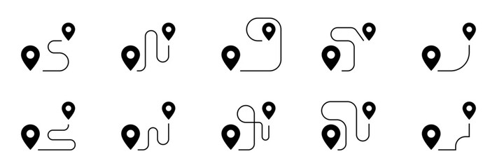 Plakat 10 iconos de rutas de navegación para mapas que representan trayectos, direcciones y geolocalización, estilo línea